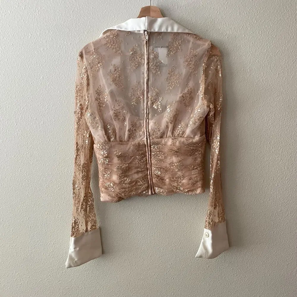 90s vintage gold lace sheer long sleeve collared top glam it girl - Picture 4 of 9